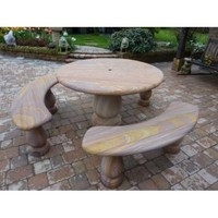 Rainbow Sandstone Round Table & 3 Bench Patio Set
