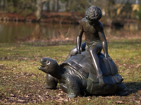Barrel & Garden :: Boy Sitting On Giant Turtle Bronze Statue Fountain