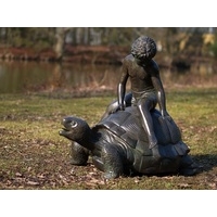 Boy Sitting On Giant Turtle Bronze Statue Fountain