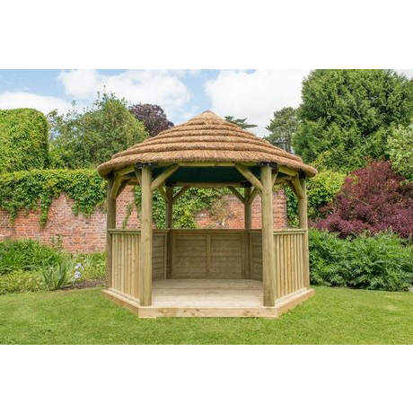 3.6M Premium Hexagonal Wooden Garden Gazebo with Thatched Roof-Green Lining