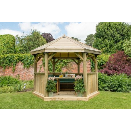 3.6M Premium Hexagonal Wooden Garden Gazebo with Timber Roof - furnished (green)