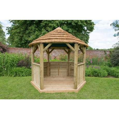 3M Premium Hexagonal Wooden Garden Gazebo with Thatched Roof-Green Lining