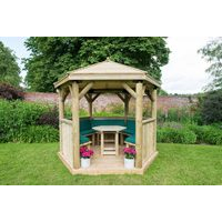 3.0M Premium Hexagonal Wooden Garden Gazebo with Thatched Roof & Lining - Furnished with table, benches & cushions (Green)