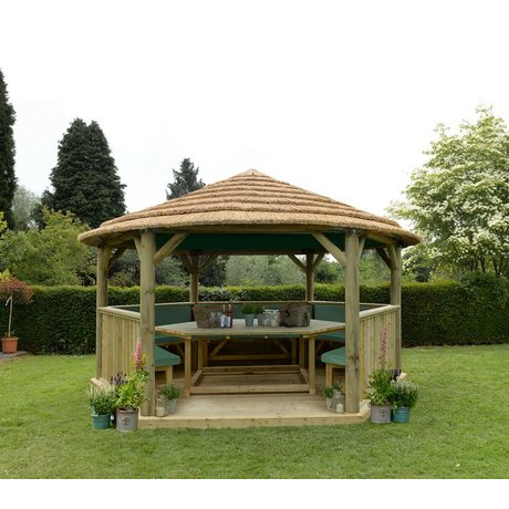 4.7M Premium Hexagonal Wooden Garden Gazebo with Thatched Roof & Lining - Furnished with table, benches & cushions (Green)
