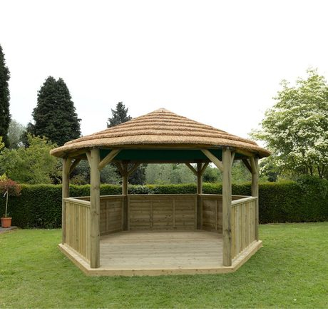 4.7M Premium Hexagonal Wooden Garden Gazebo with Thatched Roof-Green Lining