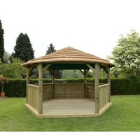 4.7M Premium Hexagonal Wooden Garden Gazebo with Thatched Roof-Green Lining