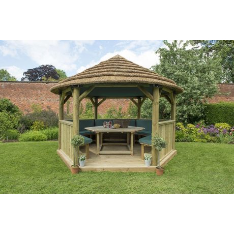 4M Premium Hexagonal Wooden Garden Gazebo with Thatched Roof & Lining - Furnished with table, benches & cushions (Green)