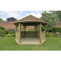 4M Premium Hexagonal Wooden Garden Gazebo with Thatched Roof-Green Lining