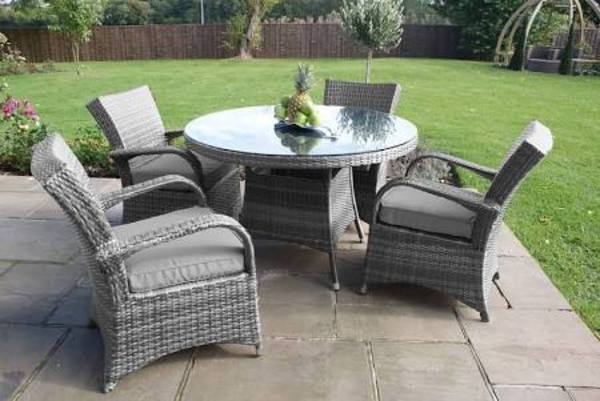 Texas 4 Seat Square Dining Set, Grey Rattan Effect La Round Garden Table And 4 Chairs