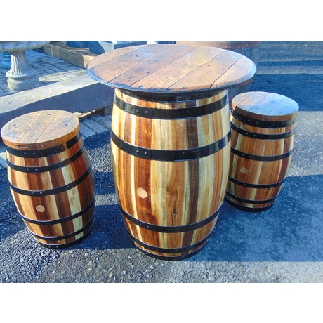 Tasmanian Oak Barrel Table With 2 Stools Set  Light Finish
