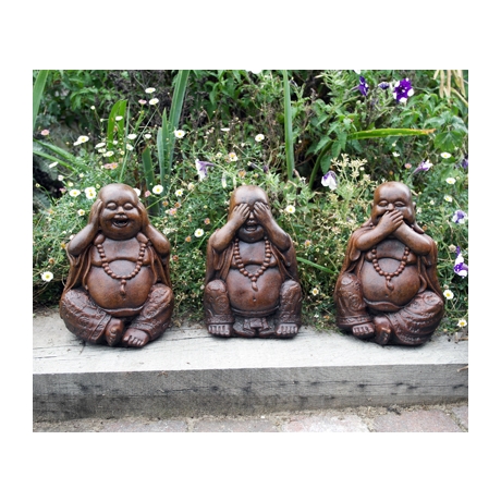 Three Wise Buddha Stone Statues - Burnt Umber